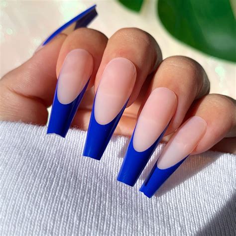 blue french tip nails long.